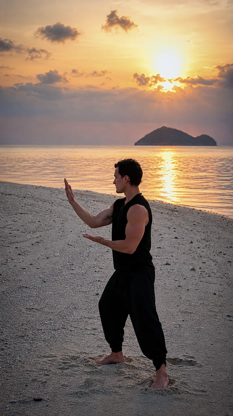 Practising Qi Gong on a beach at sunset